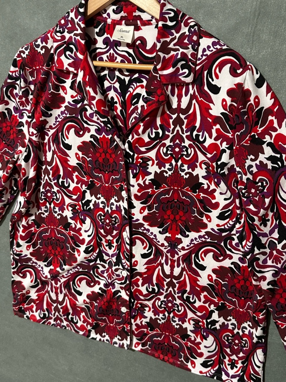 Soma Ornate Damask Paisley Button Down Sleep Shirt XL Red Purple